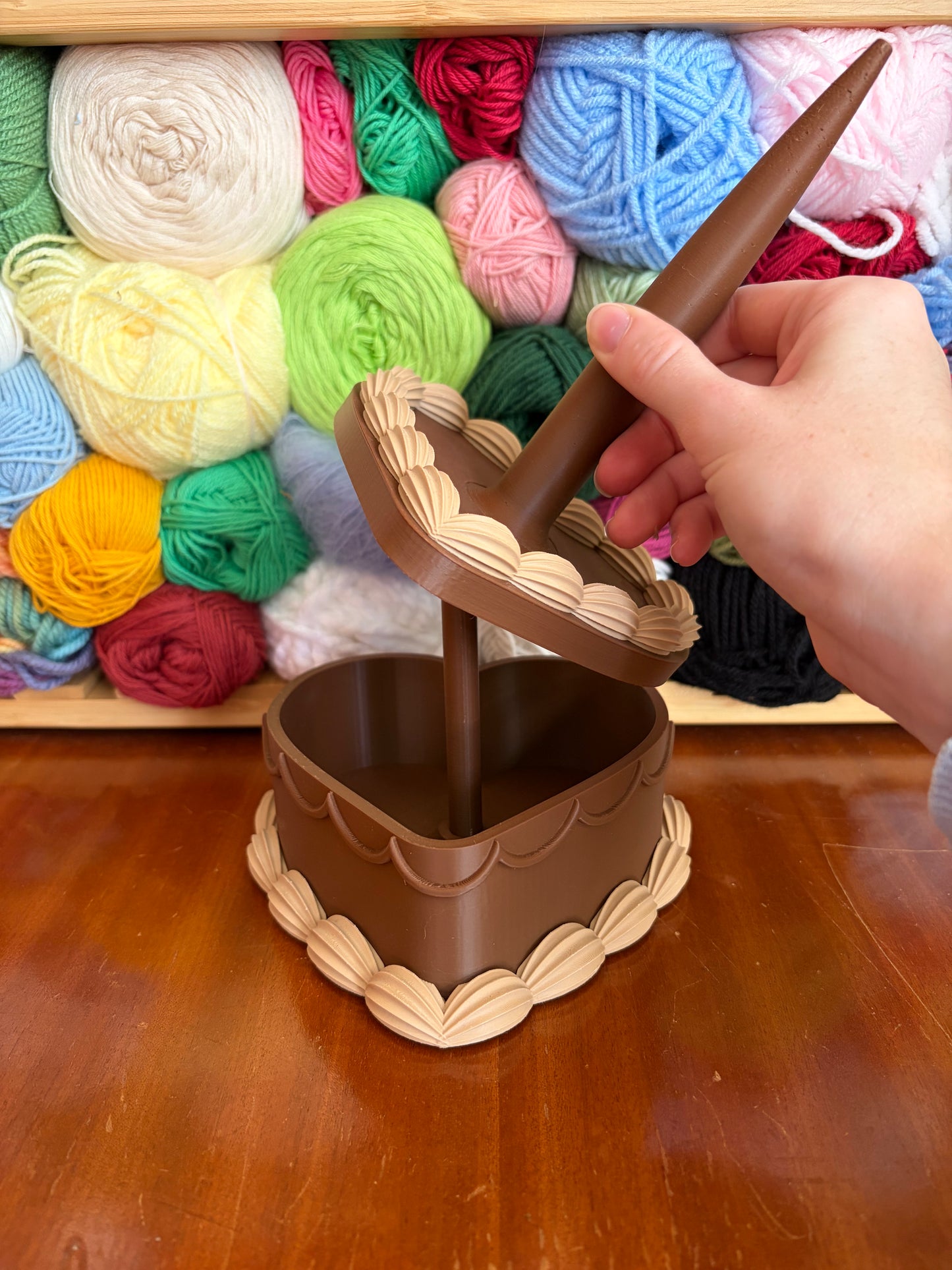 Dark & Light Brown Heart Cake Yarn Holder